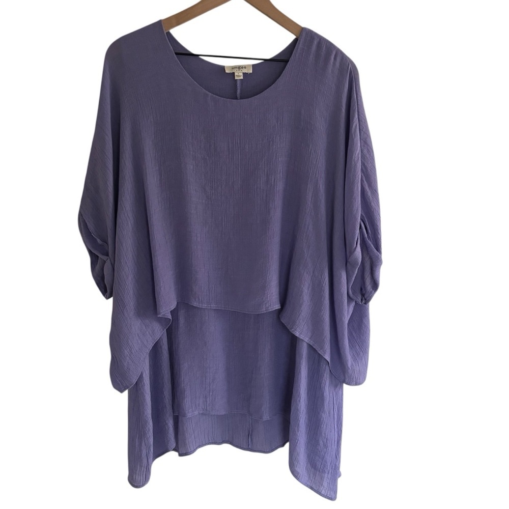 Umgee Gauzy Layered Blouse Top Size Large Purple Pullover Short Sleeve Lagenlook